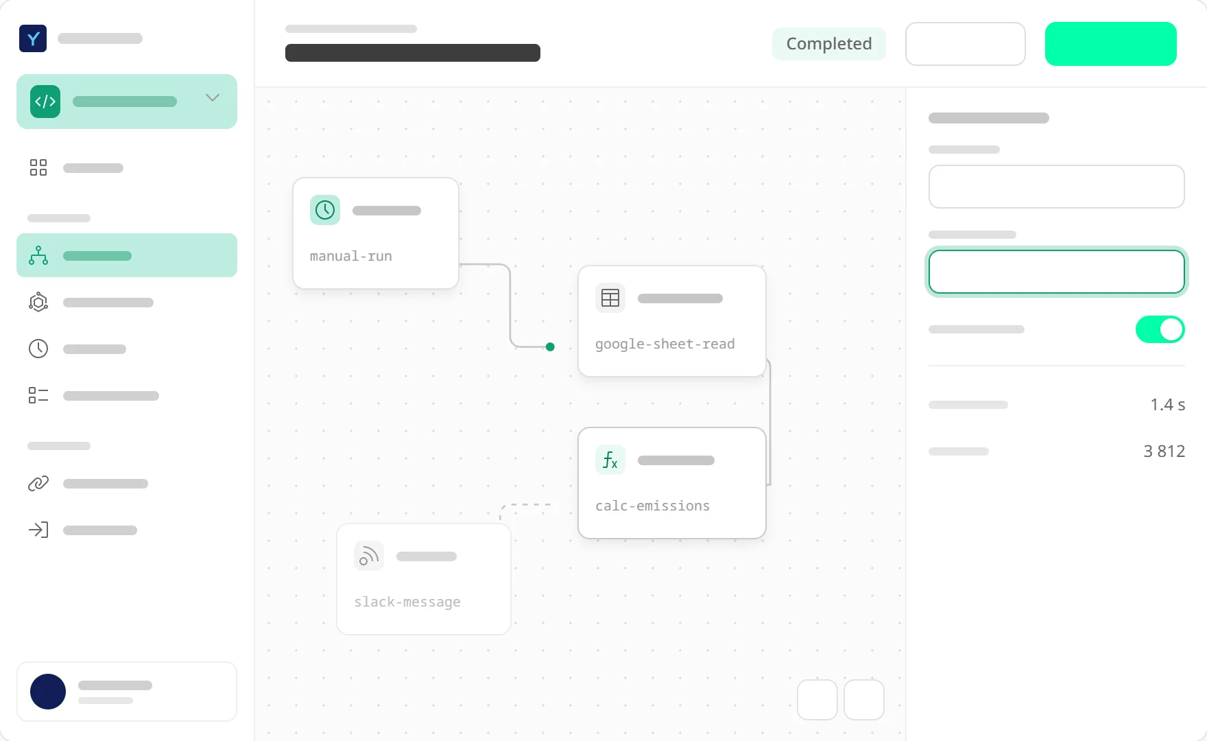 A workflow on the canvas: a manual-run trigger feeding a Google Sheets read, a calculation step and a Slack message, with the run marked Completed and its properties panel alongside.